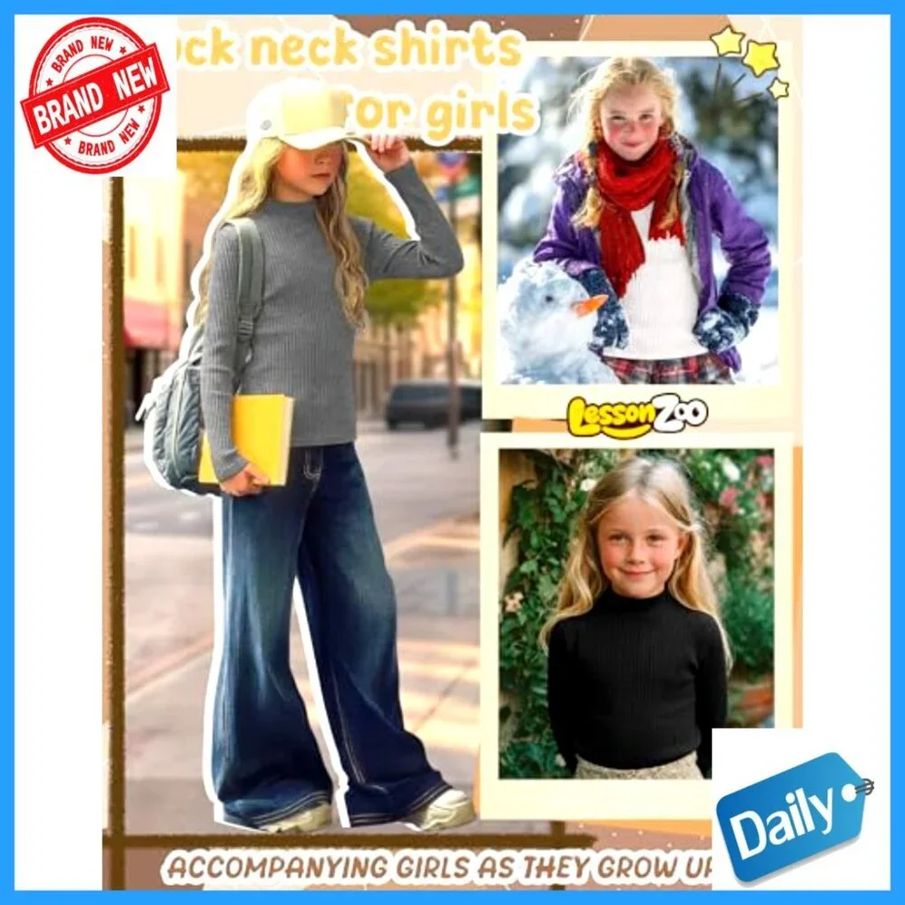 3 Pack Girls' Ribbed Long Sleeve Mock Turtleneck Cotton Tees Base Layer